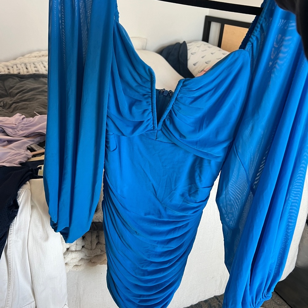Elegant Blue Ruched Dress with Sheer Sleeves